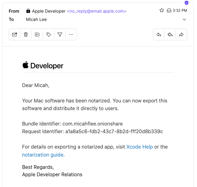 Email from Apple's notarization service