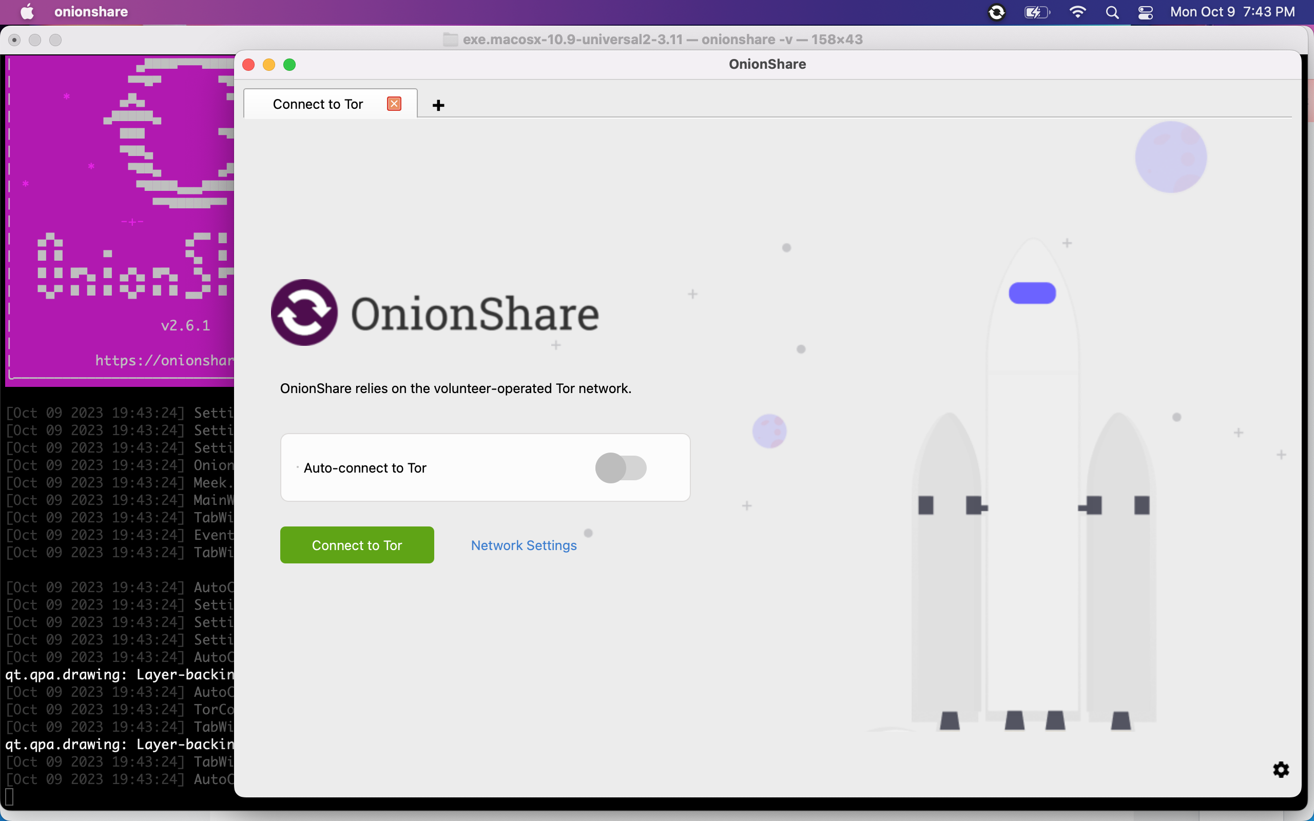 OnionShare binary successfully running