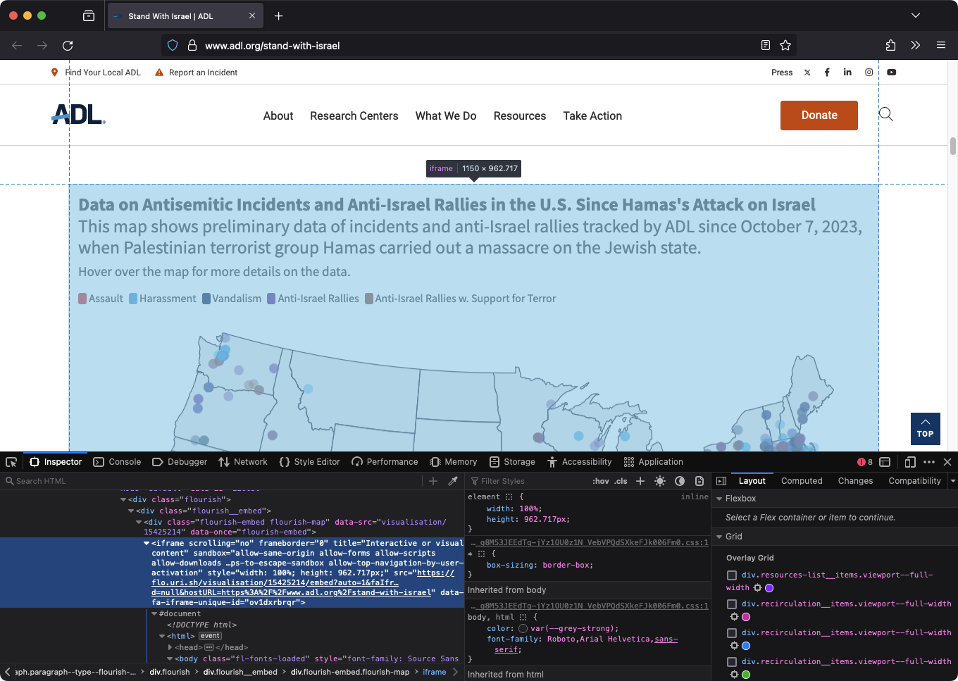 Firefox developer tools showing that the ADL map is an iframe
