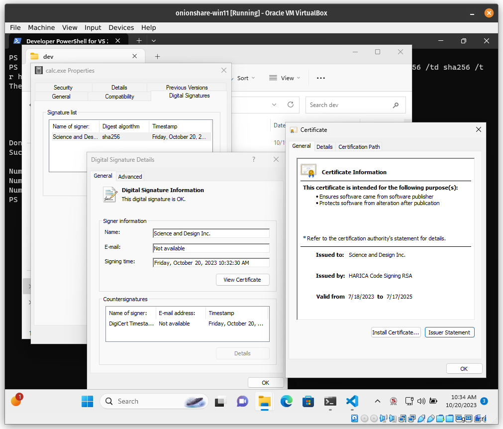 Viewing digital signature info for calc.exe