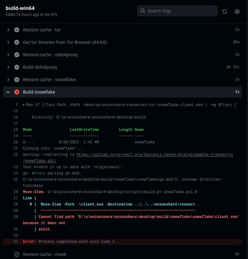 Failing on the build-win64 job, in the build snowflake step