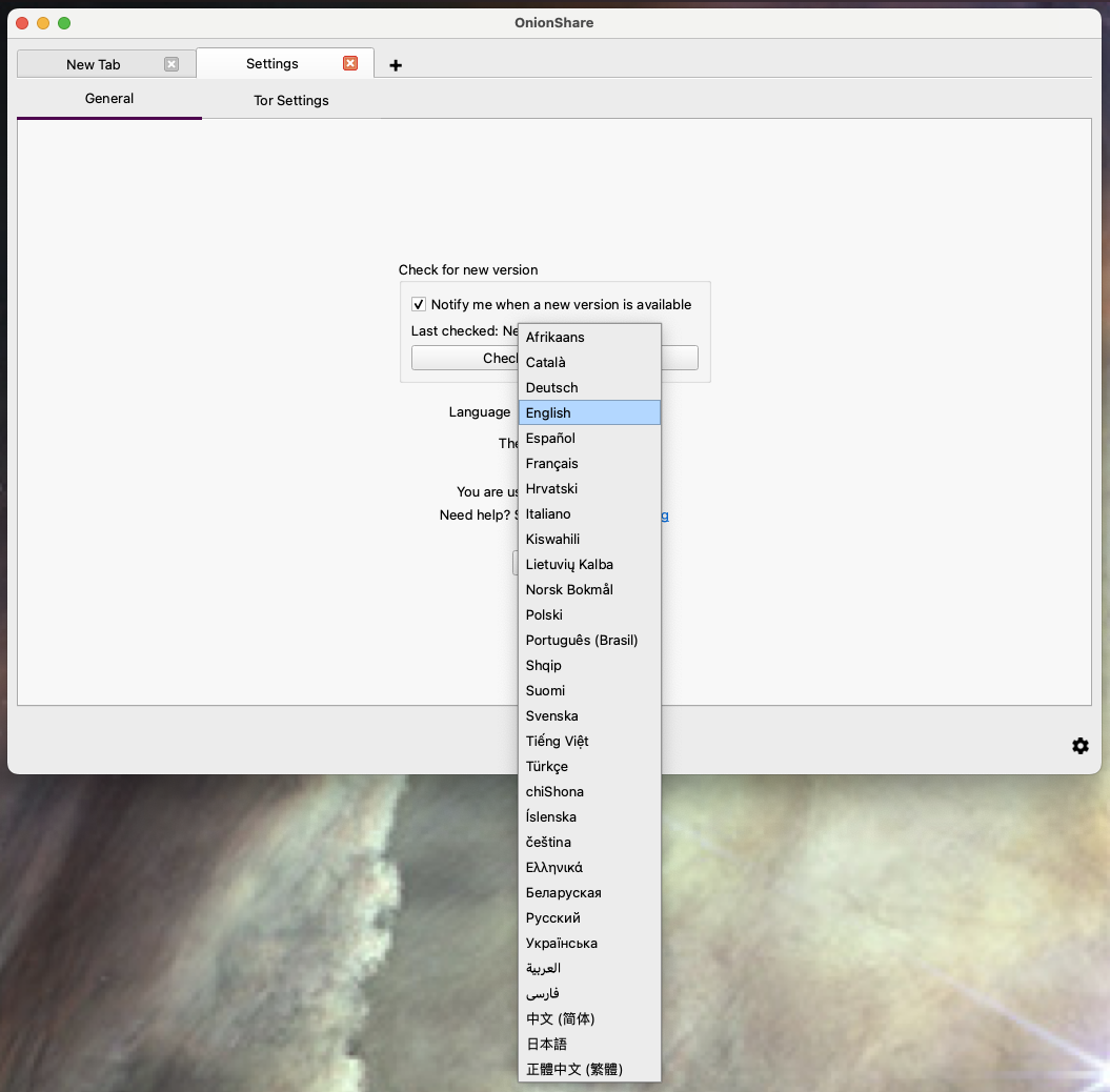 The OnionShare language dropdown