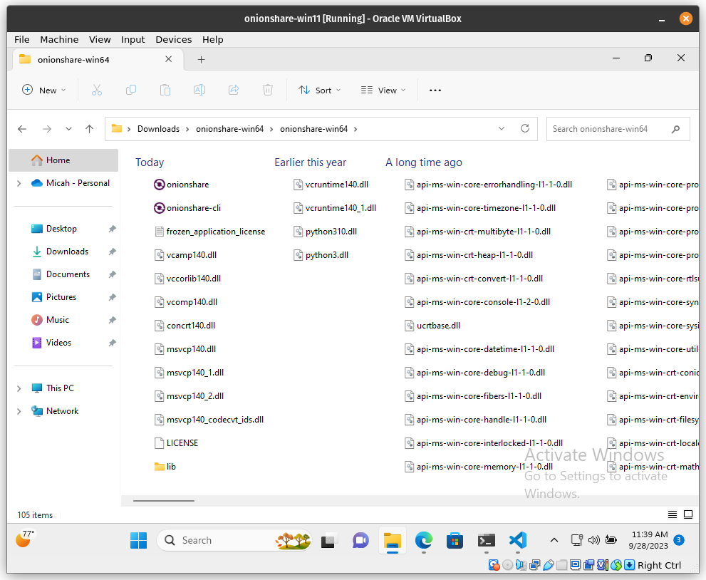 Explorer showing the OnionShare binary files