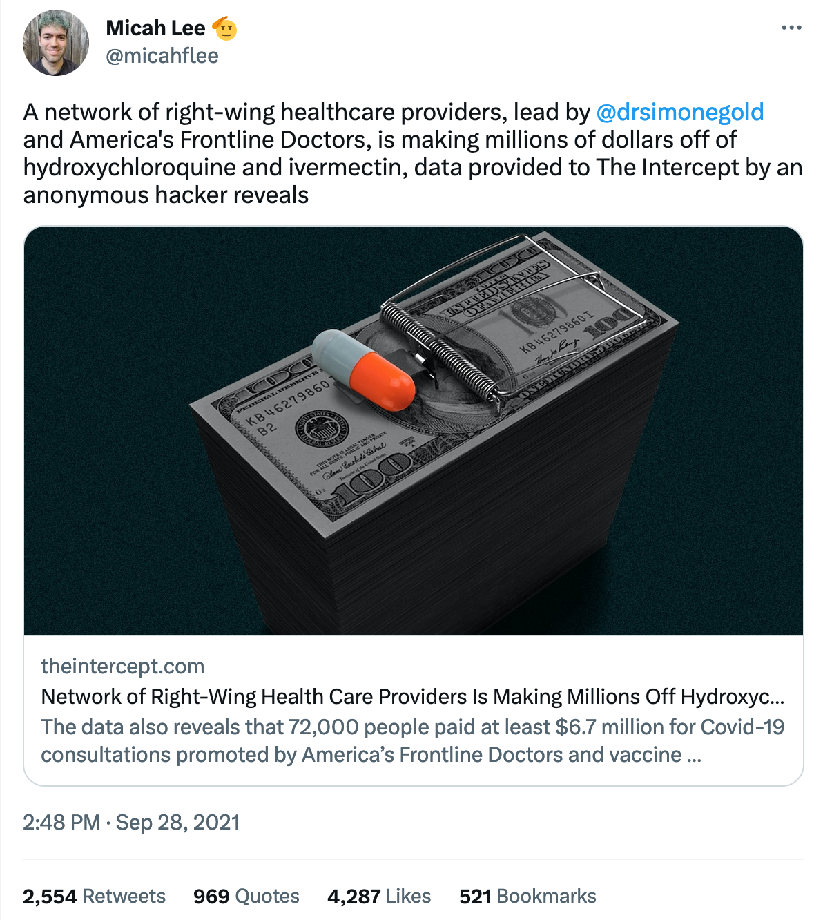 Twitter Thread: Healthcare network led by Simone Gold and America's Frontline Doctors making millions off hydroxychloroquine and ivermectin