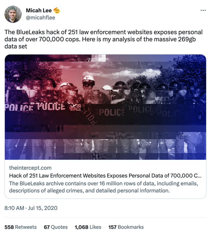 Twitter Thread: The BlueLeaks hack of 251 law enforcement websites exposes personal data of over 700,000 cops