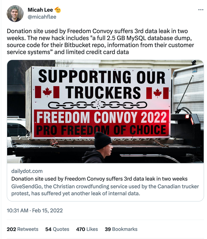 Twitter Thread: "Freedom Convoy" and the GiveSendGo hacks