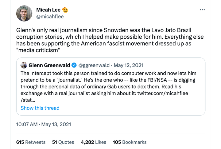 Twitter Thread: Glenn Greenwald supporting the American fascist movement dressed up as "media criticism"